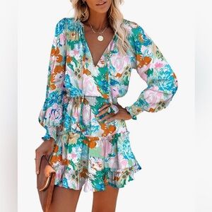 Boho Floral V Neck Long Sleeve Ruffle Tiered Chiffon Dress